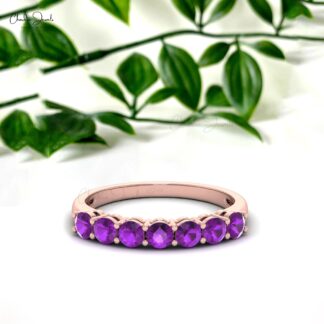 Genuine Amethyst Gemstone 7 Stone Ring Solid 14k Gold 3mm February Birthstone Proposal Ring