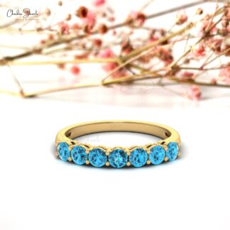 Gemstone Half Eternity Band In 14k Pure Gold Swiss Blue Topaz 7 Stone Rings For Mom