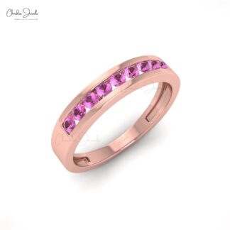 Nine Stone Half Eternity Band In Real 14k Gold Pink Sapphire 0.27Ct Gemstone Bridal Ring
