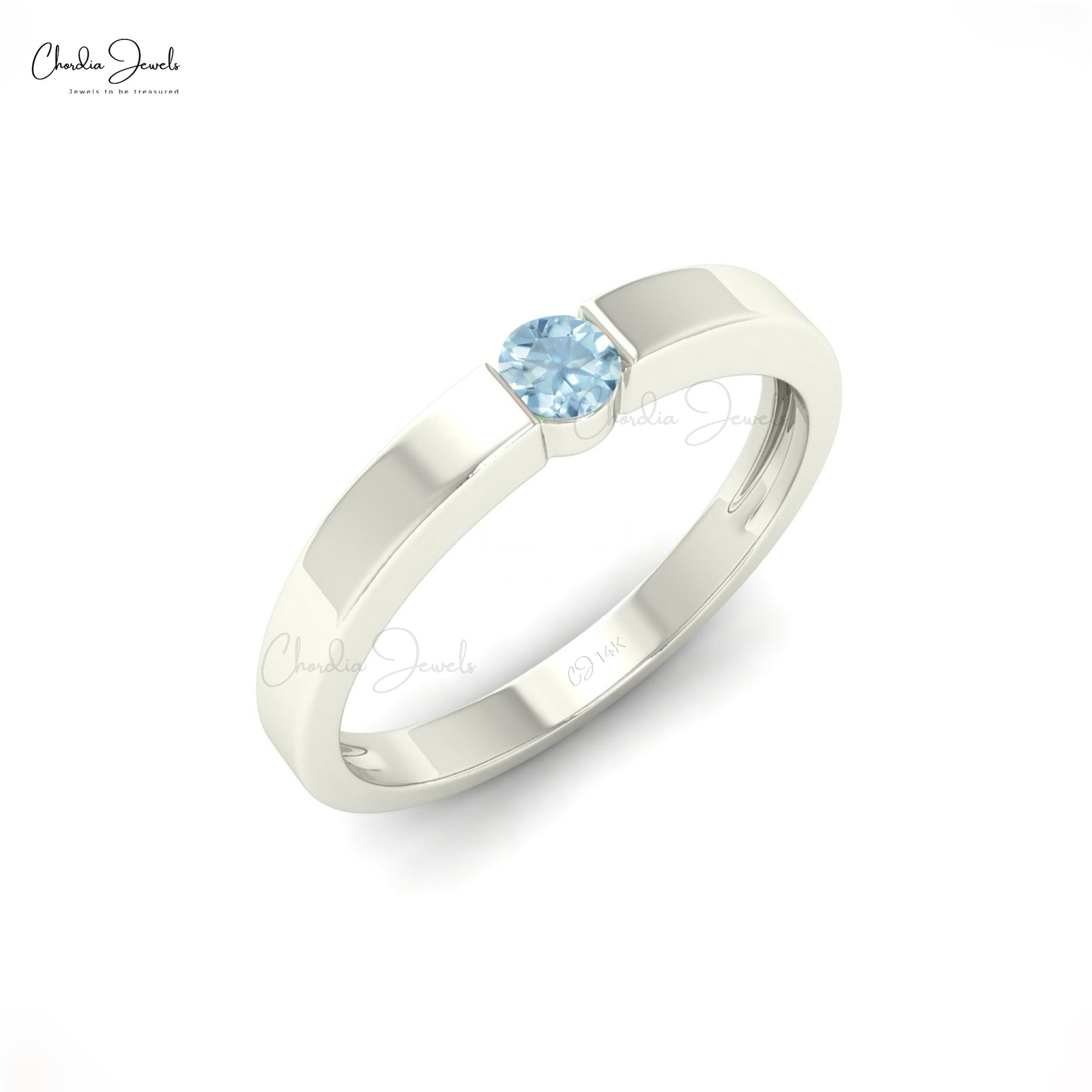 Natural 3mm Round Cut Aquamarine Ring For Women