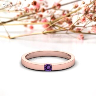 Natural 0.10ct Amethyst Gemstone Solitaire Ring 14K Solid Gold Simple Birthstone Ring