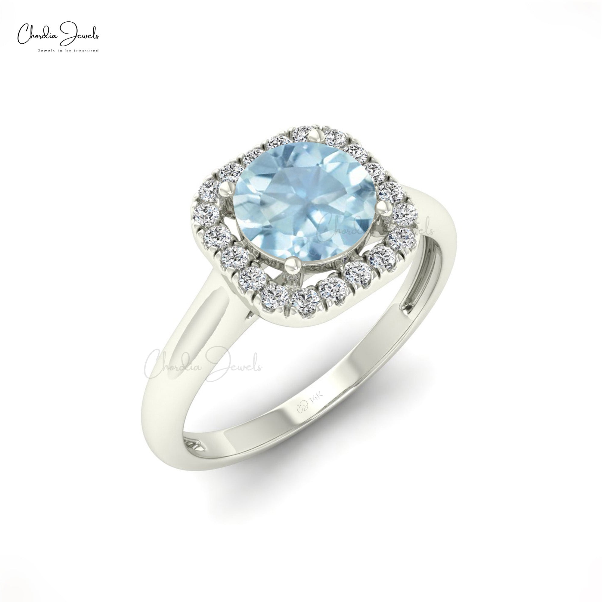 Natural Aquamarine and Diamond Halo Ring in 14k Solid Gold