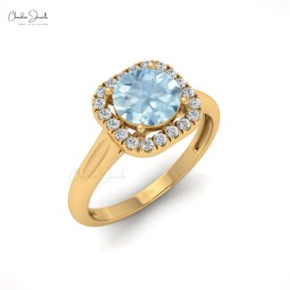 Natural Aquamarine and Diamond Halo Ring in 14k Solid Gold