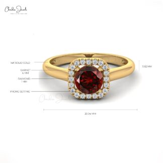 Natural Garnet and Diamond Dainty Ring in 14k Solid Gold For Anniversary