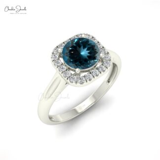 0.74 Carats Natural London Blue Topaz and Diamond Dainty Ring in 14k Solid Gold