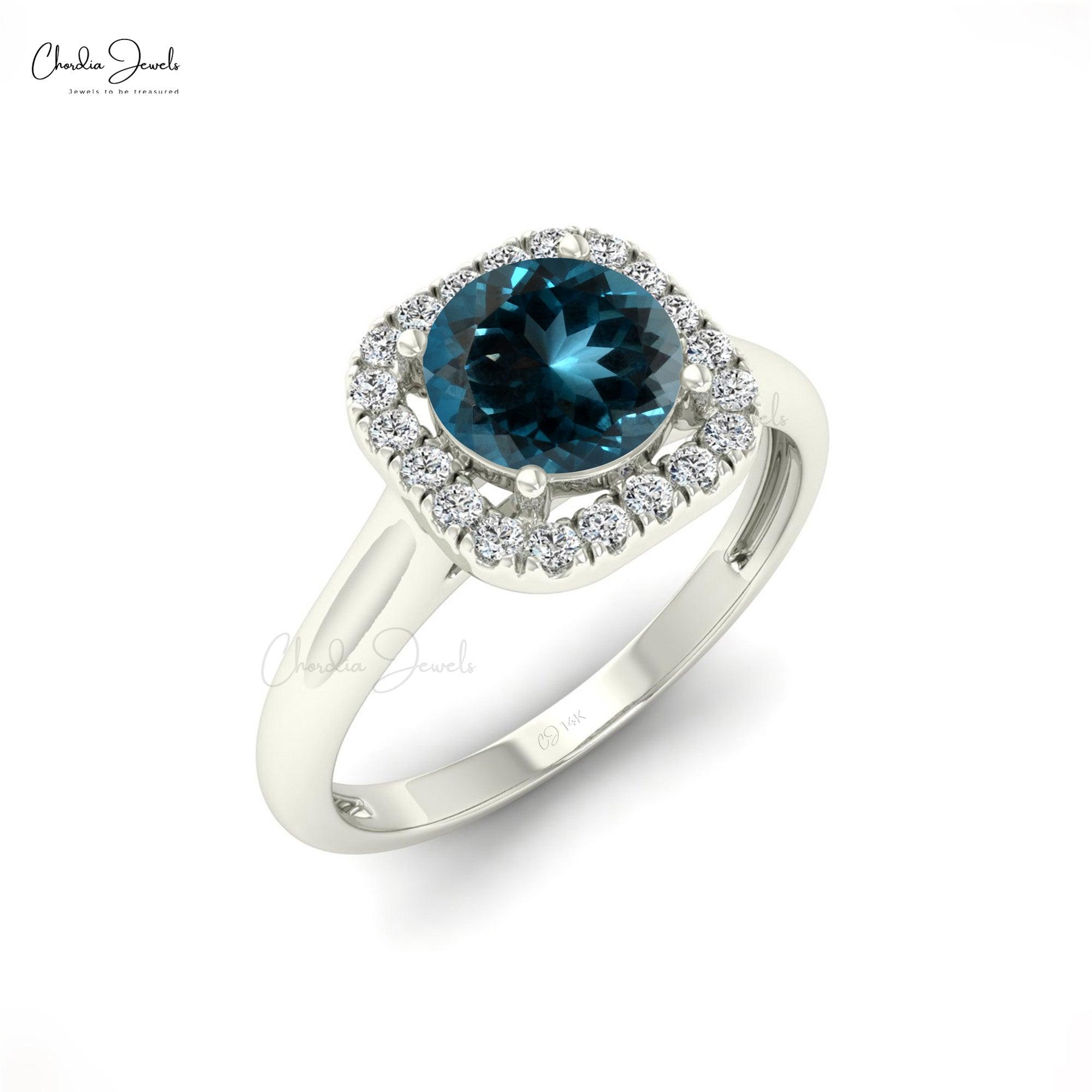 0.74 Carats Natural London Blue Topaz and Diamond Dainty Ring in 14k Solid Gold