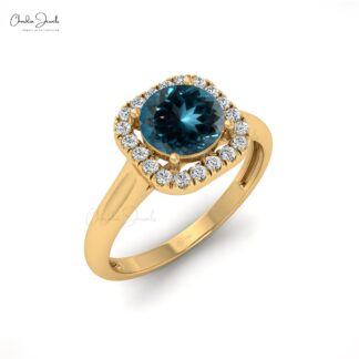 0.74 Carats Natural London Blue Topaz and Diamond Dainty Ring in 14k Solid Gold