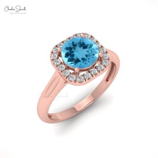 Halo Proposal Ring With 1 Ct Swiss Blue Topaz And Diamond Accents In 14k Real Gold Ring