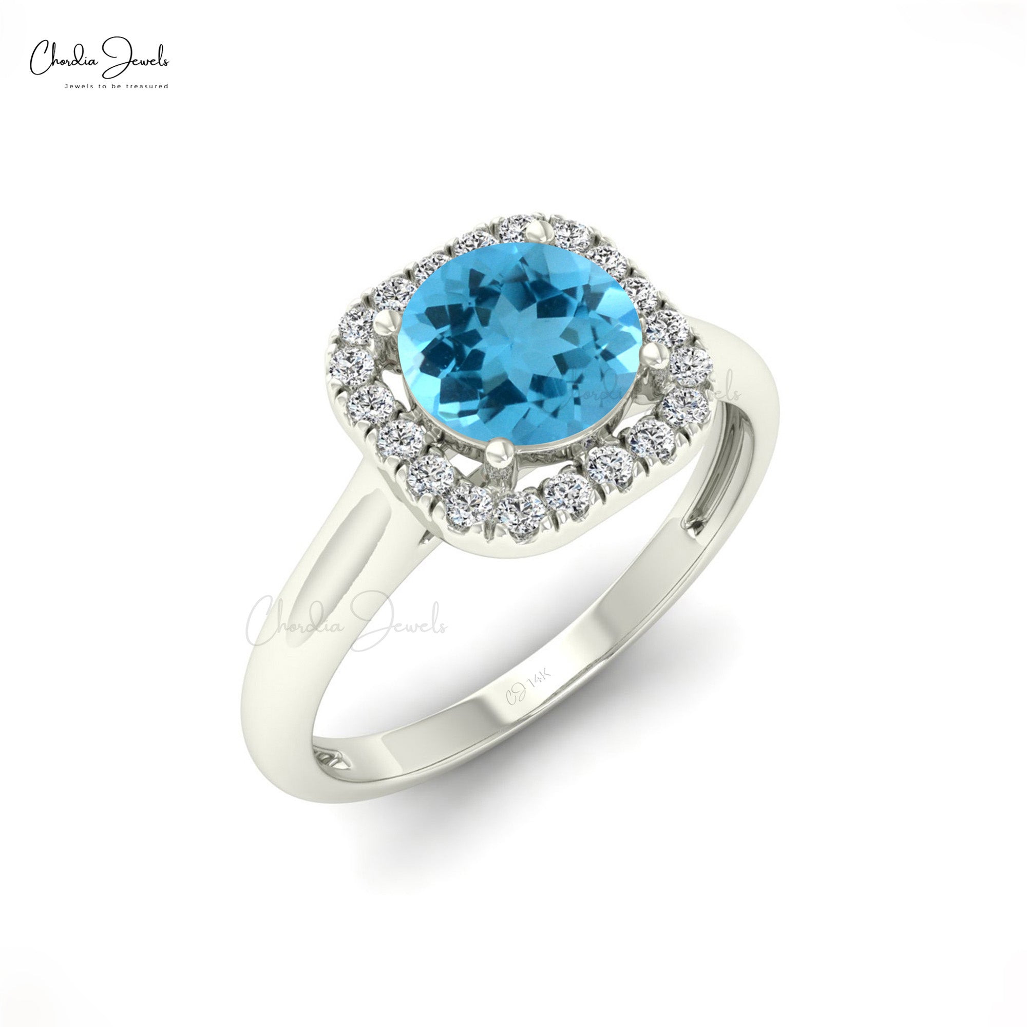 Halo Proposal Ring With 1 Ct Swiss Blue Topaz And Diamond Accents In 14k Real Gold Ring