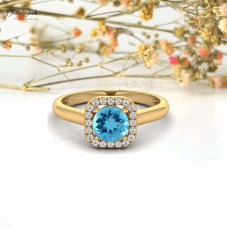 Halo Proposal Ring With 1 Ct Swiss Blue Topaz And Diamond Accents In 14k Real Gold Ring