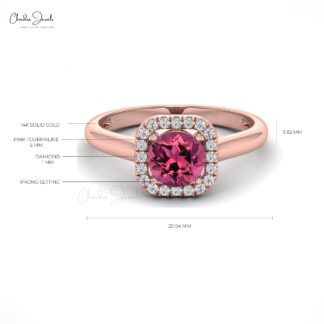 Gemstone Halo Ring In 14k Real Gold Pink Tourmaline And Diamond Engagement Ring