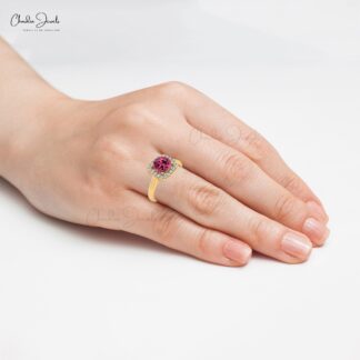 Gemstone Halo Ring In 14k Real Gold Pink Tourmaline And Diamond Engagement Ring