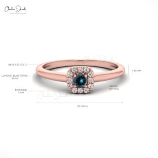 Halo Prong Set Women Ring With 0.13 Ct London Blue Topaz Rings In 14k Pure Gold