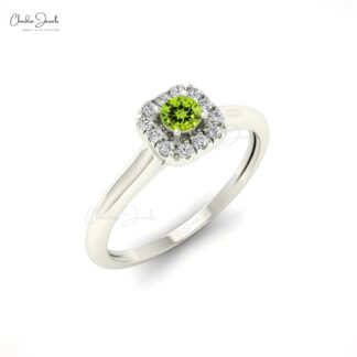 Natural Peridot Halo Ring With 0.13 Ct Gemstone 14k Real Gold Wedding Fine Jewelry