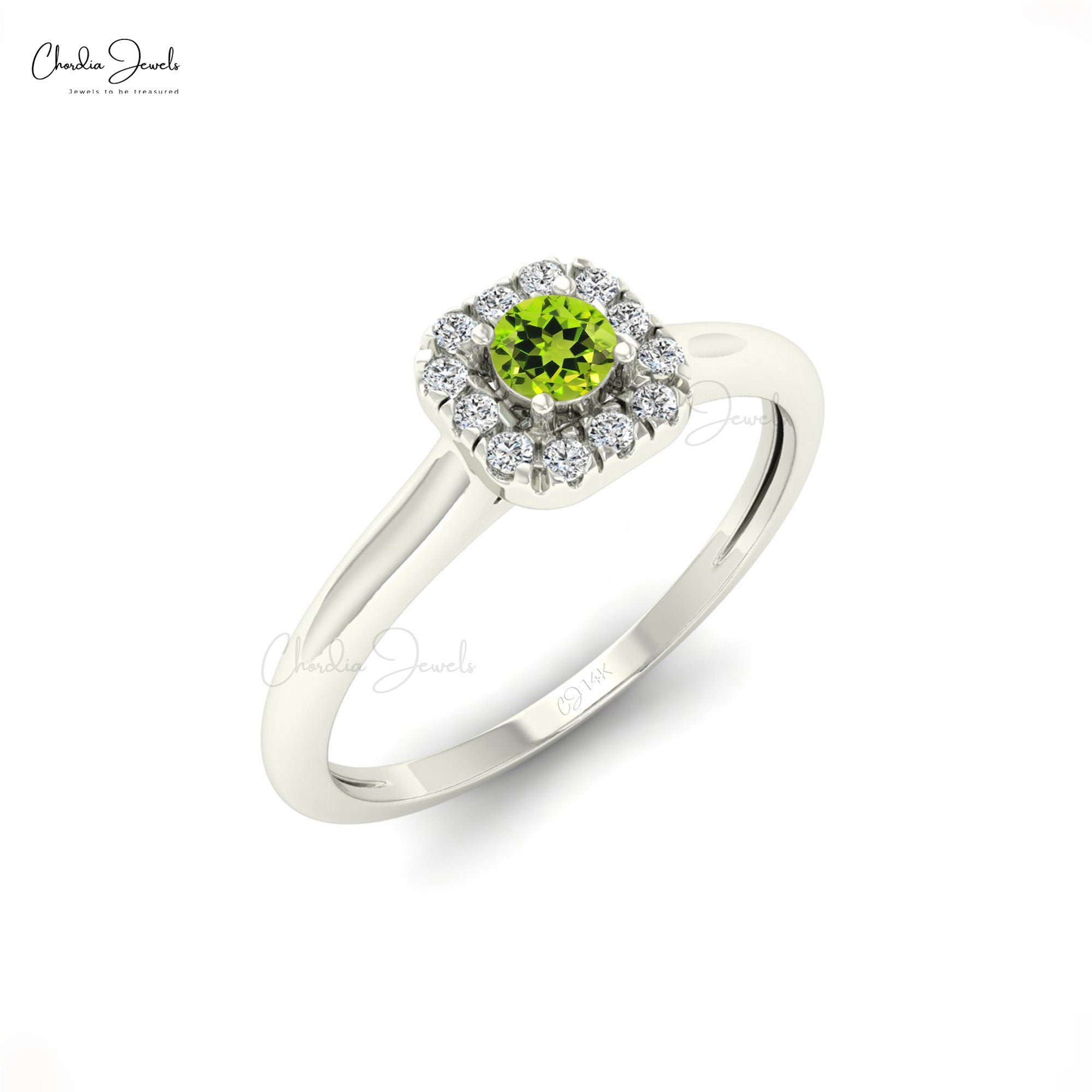Natural Peridot Halo Ring With 0.13 Ct Gemstone 14k Real Gold Wedding Fine Jewelry