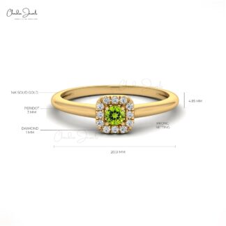 Natural Peridot Halo Ring With 0.13 Ct Gemstone 14k Real Gold Wedding Fine Jewelry