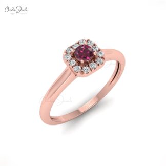 Genuine Rhodolite Garnet Halo Ring With 3mm Gemstone And Diamond 14k Gold Jewelry