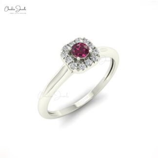 Genuine Rhodolite Garnet Halo Ring With 3mm Gemstone And Diamond 14k Gold Jewelry