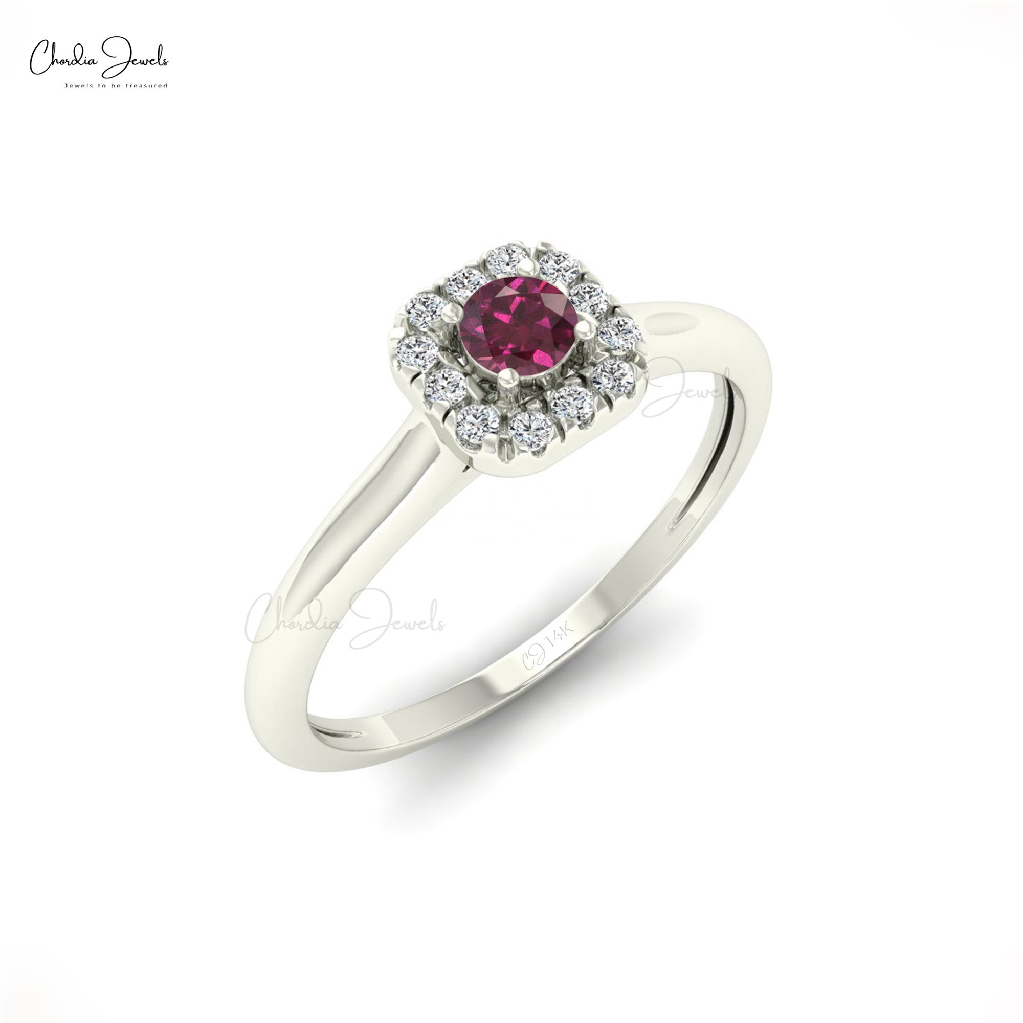 Genuine Rhodolite Garnet Halo Ring With 3mm Gemstone And Diamond 14k Gold Jewelry