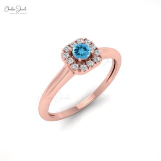 Halo Diamond Wedding Ring In 14k Solid Gold Swiss Blue Topaz Minimalist Ring For Her