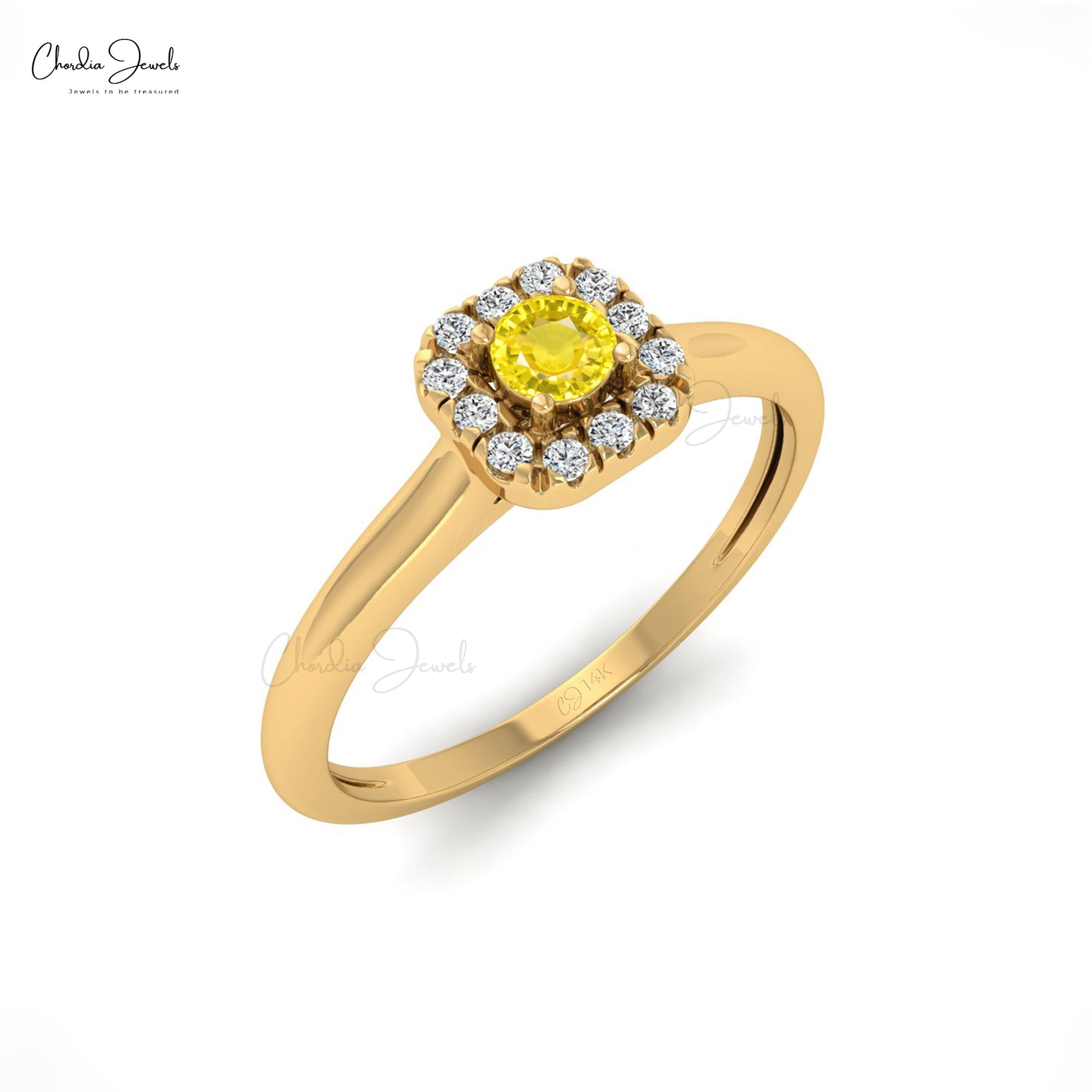 Genuine Yellow Sapphire Halo Ring With Pave Diamond Accents in 14k Real Gold Jewelry