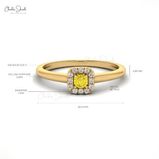 Genuine Yellow Sapphire Halo Ring With Pave Diamond Accents in 14k Real Gold Jewelry