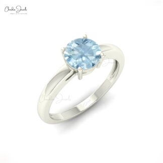Genuine Round Cut Aquamarine 0.75Ct Solitaire Ring 14k Solid Gold Engagement Jewelry