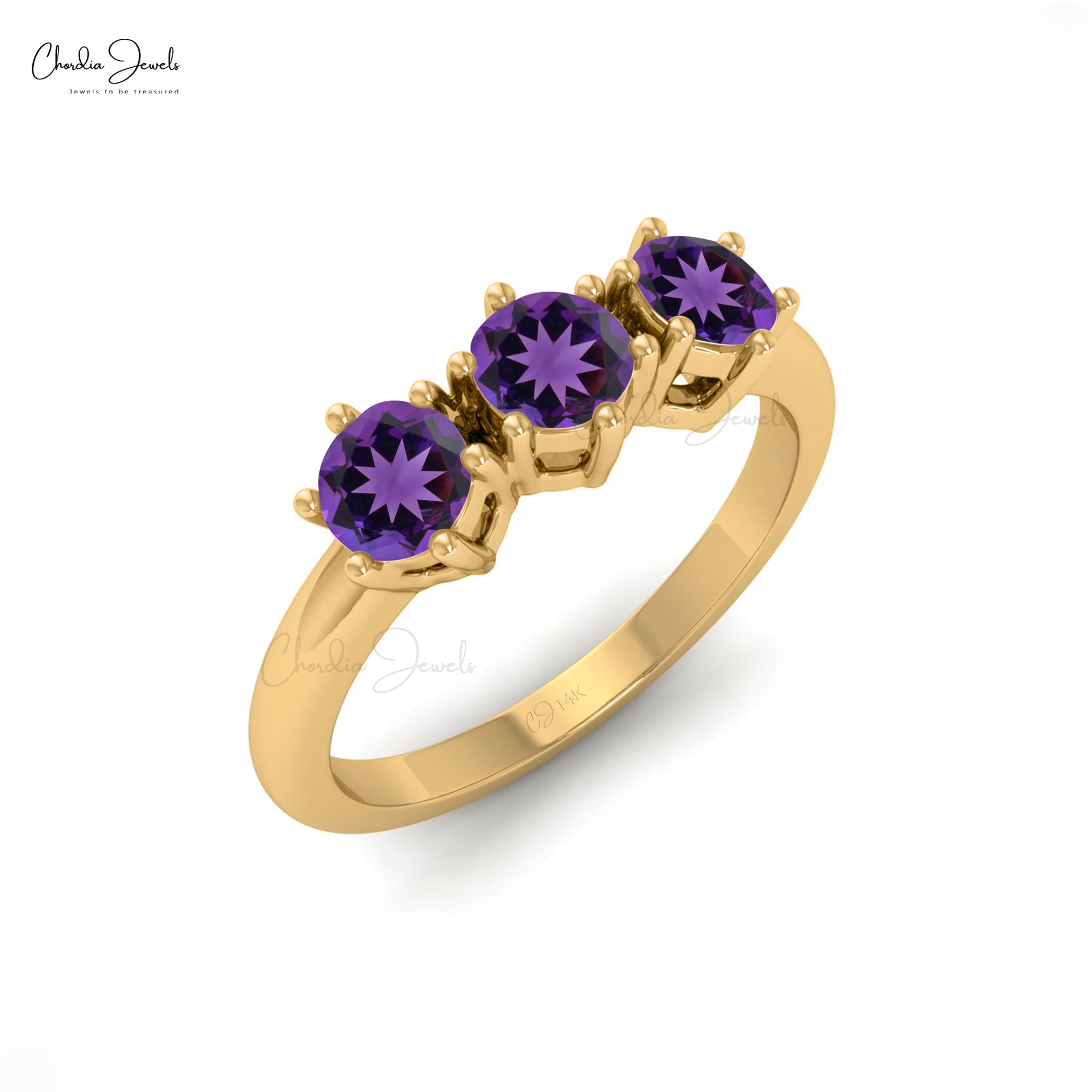 Natural 4MM Amethyst Gemstone Trilogy Ring Solid 14K Gold Handcrafted Anniversary Ring