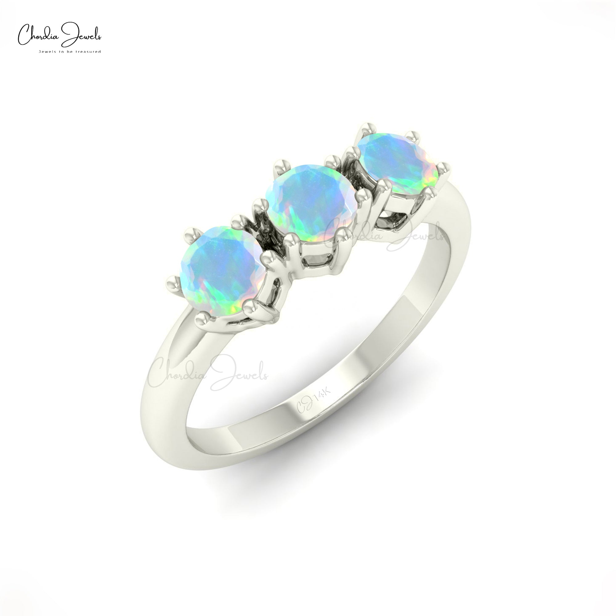 Round Cut 3 Stone Ring In 14k Solid Gold Fire Opal October Birthstone Rings For Her