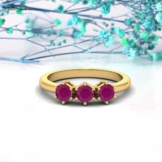 Pure 14k Gold 3 Stone Ring With 0.69 Ct Burma Ruby July Birthstone Handmade Rings