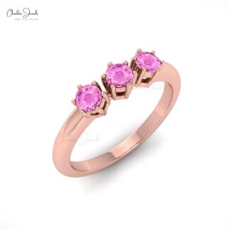 Genuine Pink Sapphire Three Stone Ring With 14k Solid Gold Dainty Rings For Women
