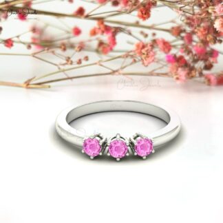 Genuine Pink Sapphire Three Stone Ring With 14k Solid Gold Dainty Rings For Women