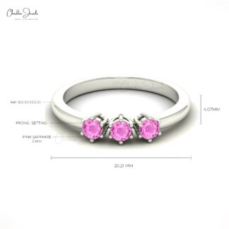 Genuine Pink Sapphire Three Stone Ring With 14k Solid Gold Dainty Rings For Women