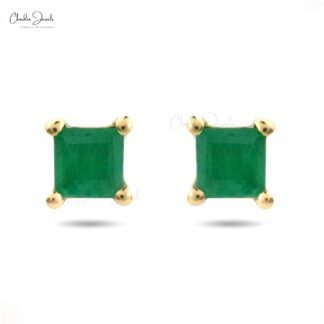 Natural Emerald Solitaire Studs In 14k Yellow Gold Gemstone Push Back Hallmark Earrings