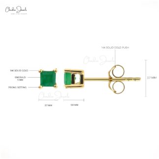 Natural Emerald Solitaire Studs In 14k Yellow Gold Gemstone Push Back Hallmark Earrings
