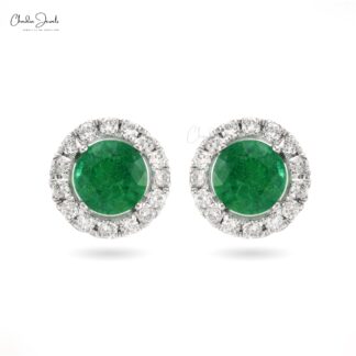 Halo Diamond Earrings With 7mm Emerald May Birthstone 14k Pure White Gold Studs For Her