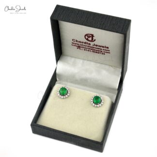 Halo Diamond Earrings With 7mm Emerald May Birthstone 14k Pure White Gold Studs For Her