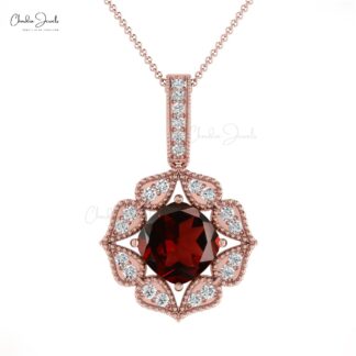 Natural Garnet Halo Pendant With 6mm Cushion Cut 14k Real Gold Diamond Fine Jewelry