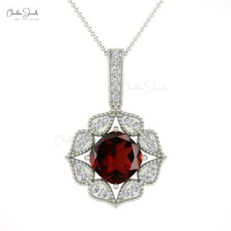 Natural Garnet Halo Pendant With 6mm Cushion Cut 14k Real Gold Diamond Fine Jewelry