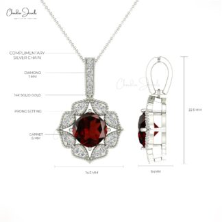 Natural Garnet Halo Pendant With 6mm Cushion Cut 14k Real Gold Diamond Fine Jewelry