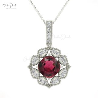 Genuine Pink Tourmaline Art Deco Pendant With Pave Diamond Accents in 14k Gold Jewelry
