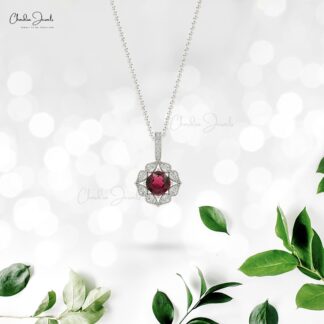 Genuine Pink Tourmaline Art Deco Pendant With Pave Diamond Accents in 14k Gold Jewelry