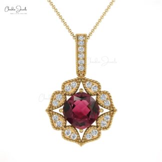 Genuine Pink Tourmaline Art Deco Pendant With Pave Diamond Accents in 14k Gold Jewelry