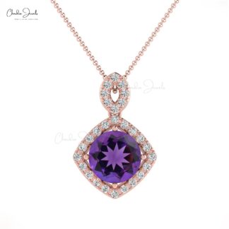 Gemstone Halo Pendant In 14k Solid Gold Amethyst 7mm Round And Diamond Hallmarked Necklace