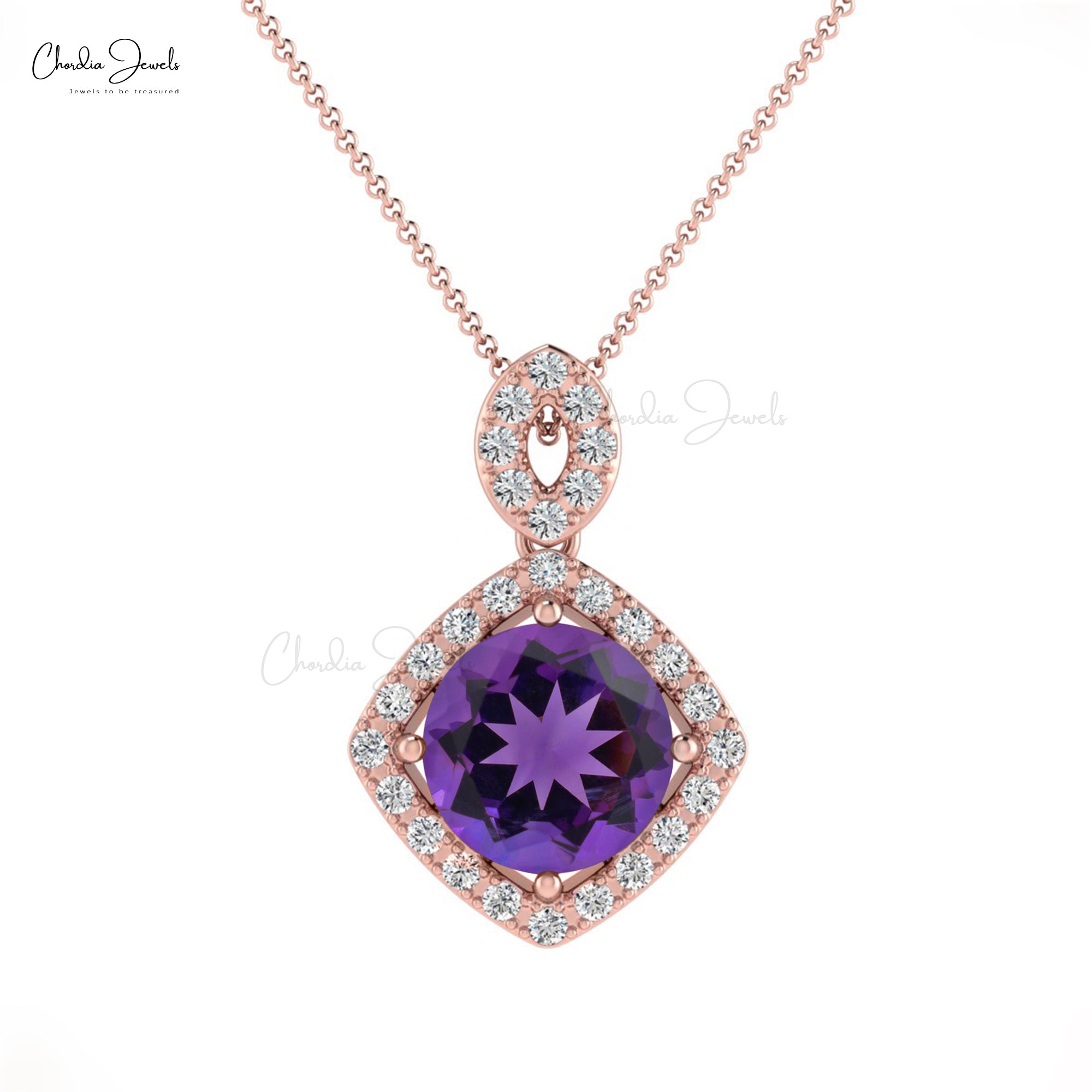 Gemstone Halo Pendant In 14k Solid Gold Amethyst 7mm Round And Diamond Hallmarked Necklace