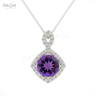 Gemstone Halo Pendant In 14k Solid Gold Amethyst 7mm Round And Diamond Hallmarked Necklace