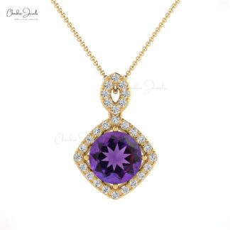 Gemstone Halo Pendant In 14k Solid Gold Amethyst 7mm Round And Diamond Hallmarked Necklace