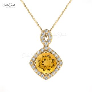 Genuine Citrine Halo Pendant In 14k Solid Gold Diamond Hallmarked Fine Jewelry For Mom