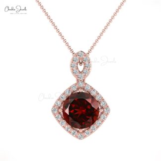Genuine Garnet & White Diamond Pendant 1.65Ct Round Cut Halo Pendant In 14k Solid Gold Jewelry
