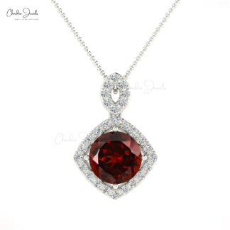 Genuine Garnet & White Diamond Pendant 1.65Ct Round Cut Halo Pendant In 14k Solid Gold Jewelry